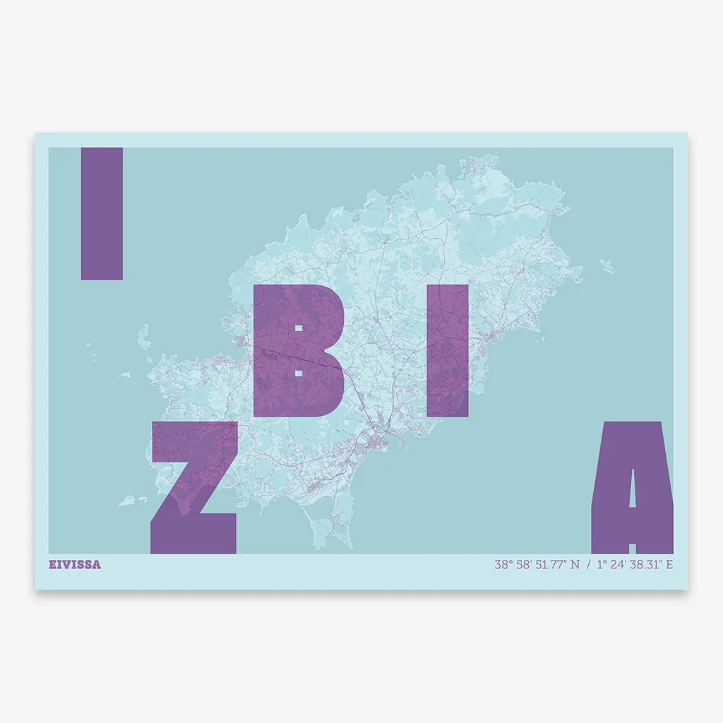 Decorative print of Ibiza with letters of its name placed randomly, designed in purple and light blue