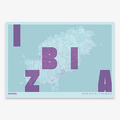 Decorative print of Ibiza with letters of its name placed randomly, designed in purple and light blue