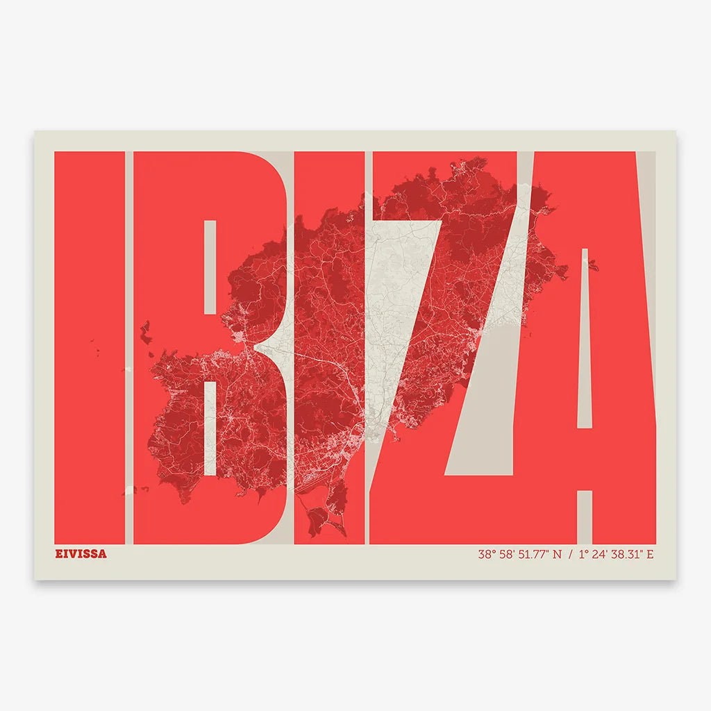 Decorative map of Ibiza and letters of its name in a giclée print designed in red and an off-white background