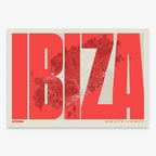 Decorative map of Ibiza and letters of its name in a giclée print designed in red and an off-white background