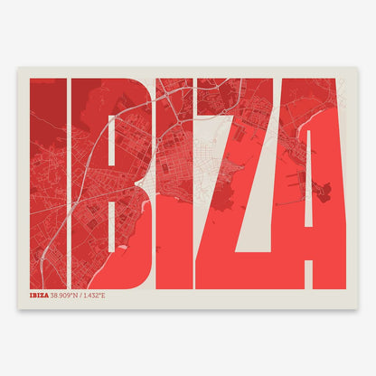 The map of Ibiza and letters of its name in a giclée print designed in red and an off-white background