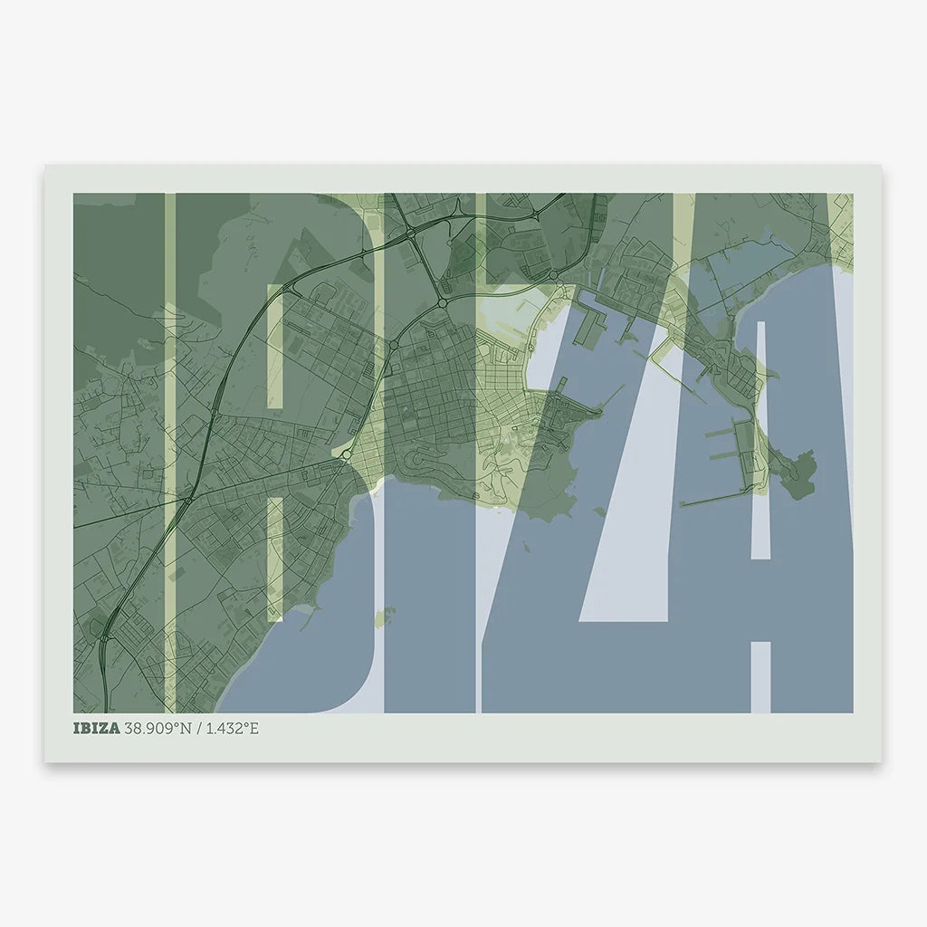 Decorative map of Ibiza and letters of its name in a giclée print designed in two green tones