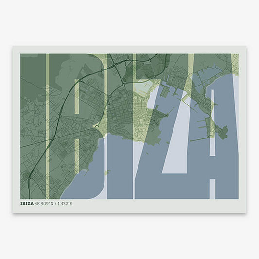Decorative map of Ibiza and letters of its name in a giclée print designed in two green tones