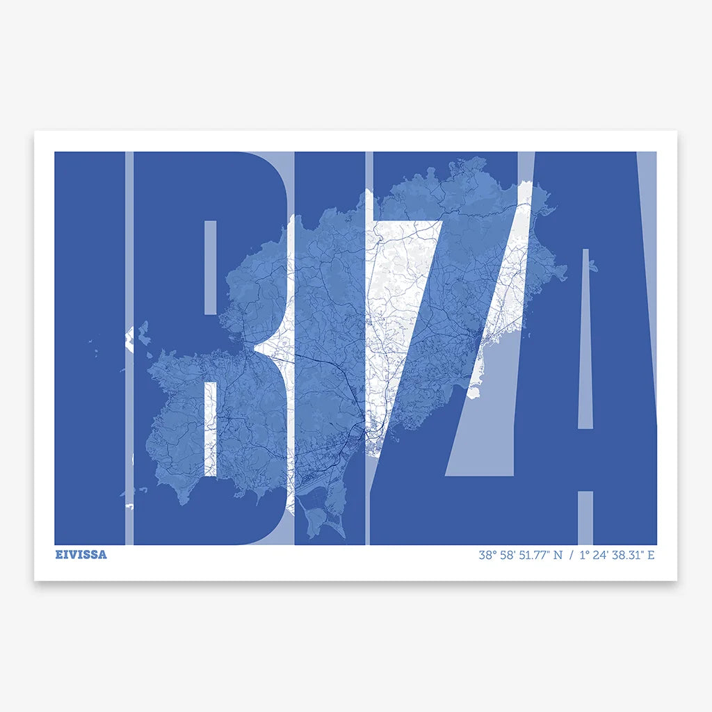 Decorative map of Ibiza and letters of its name in a giclée print designed in navy blue and white