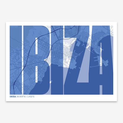 The map of Ibiza and letters of its name in a giclée print designed in navy blue and white