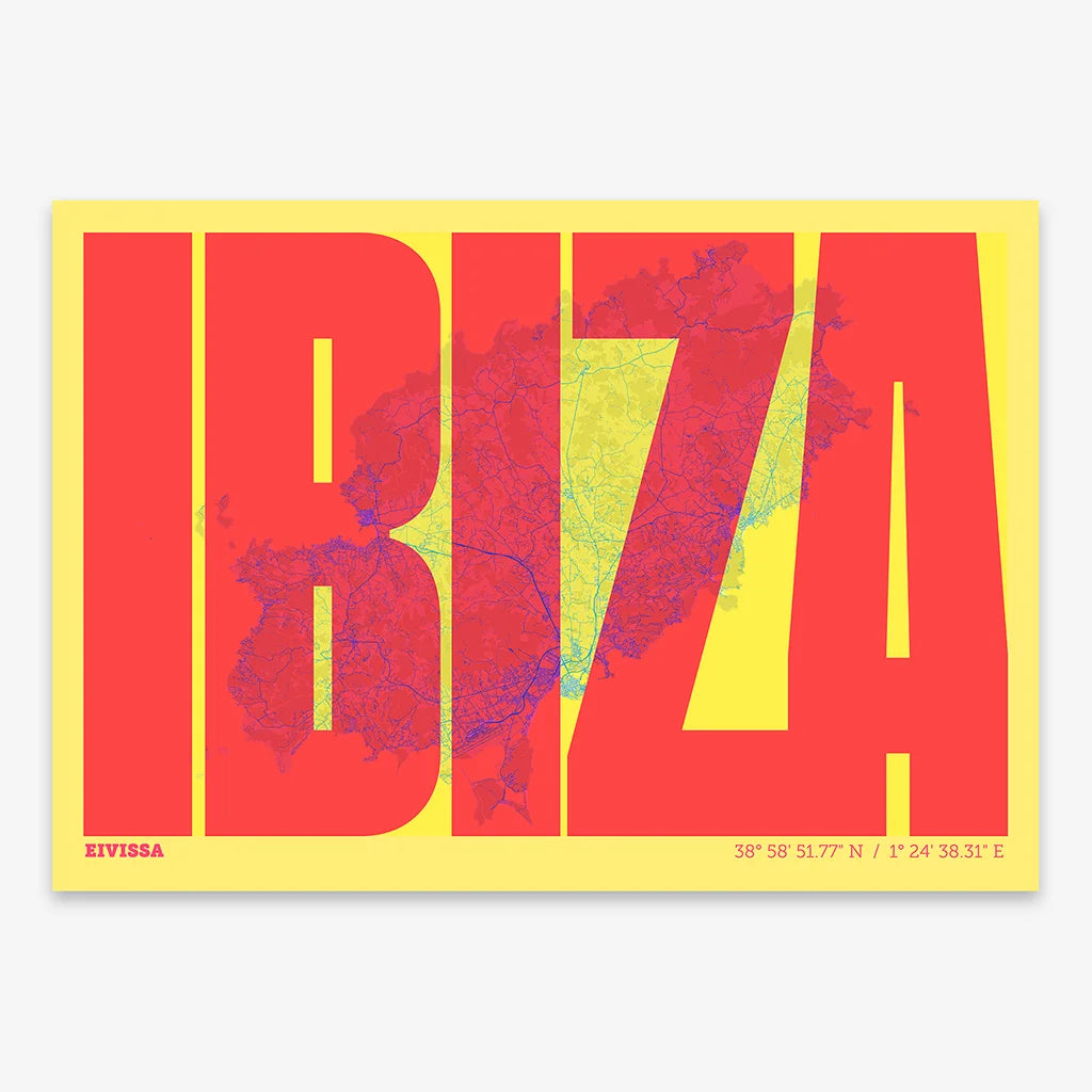 Decorative map of Ibiza and letters of its name in a giclée print designed in yellow and fuchsia