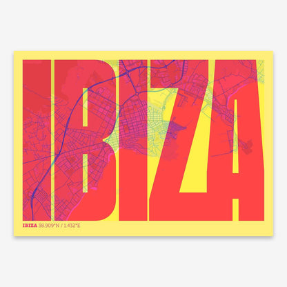 The map of Ibiza and letters of its name in a giclée print designed in yellow and fuchsia