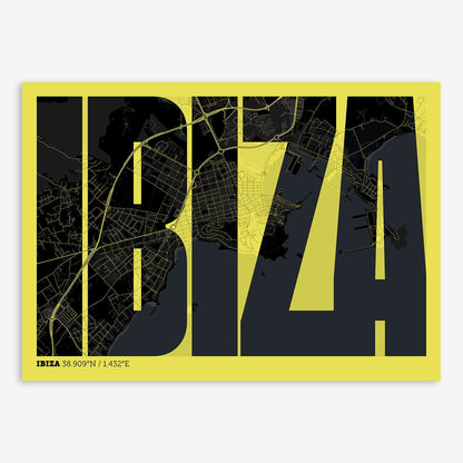 The map of Ibiza and letters of its name in a giclée print designed in black and yellow