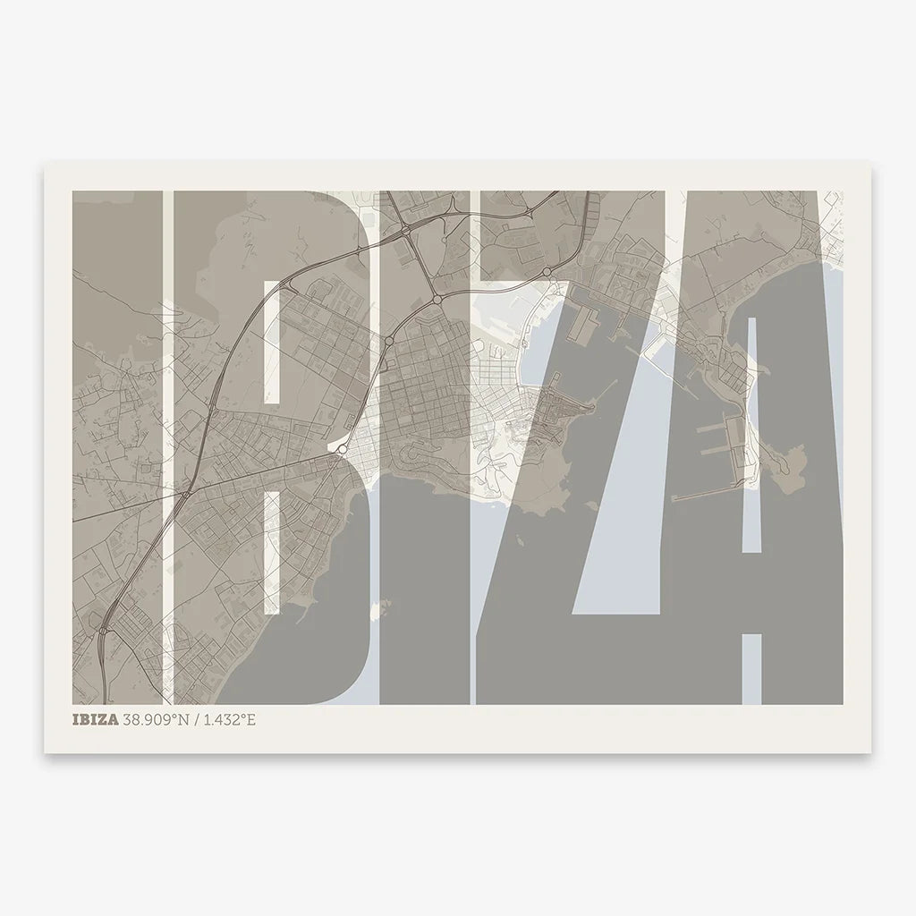 Decorative map of Ibiza and letters of its name in a giclée print designed in light brown and an off-white background