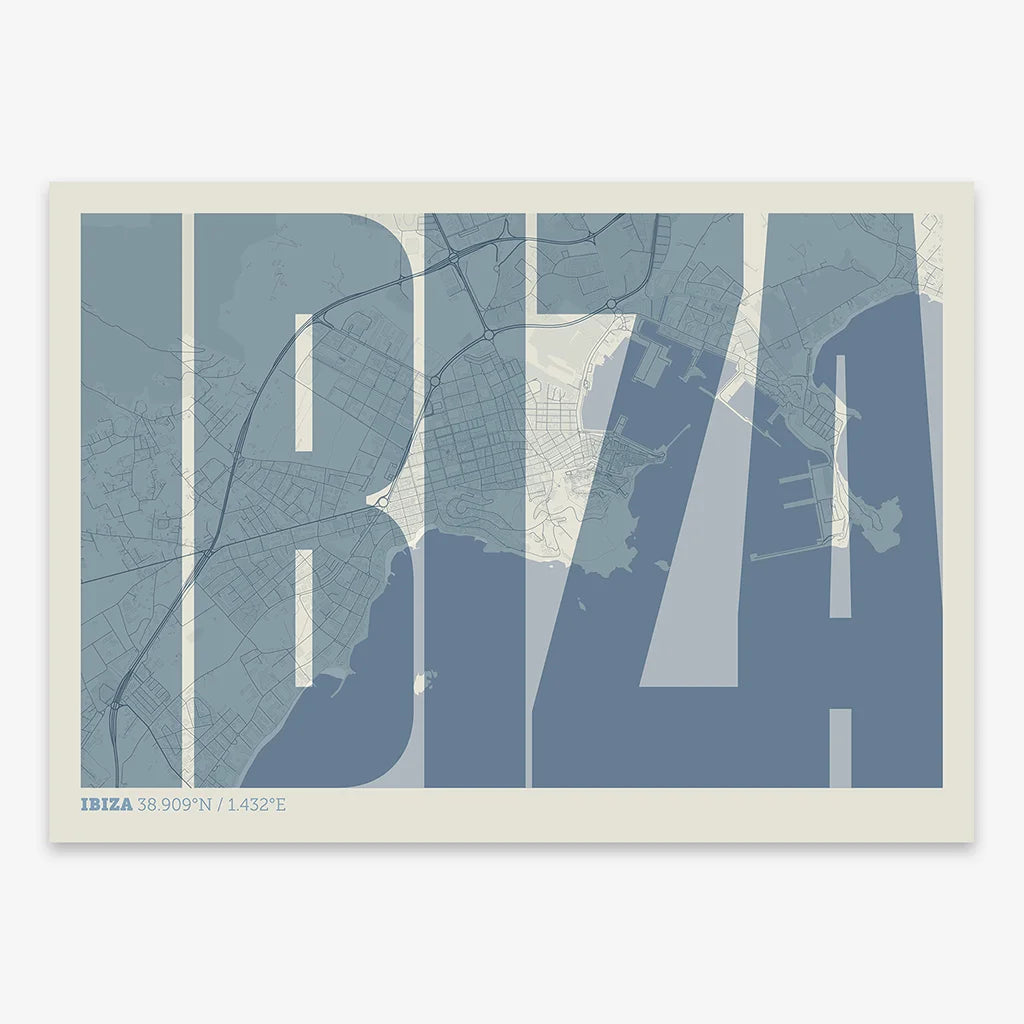 Decorative map of Ibiza and letters of its name in a giclée print designed in bluish gray and an off-white background
