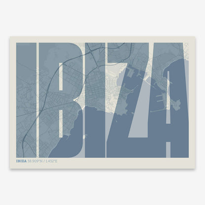 The map of Ibiza and letters of its name in a giclée print designed in bluish gray and an off-white background