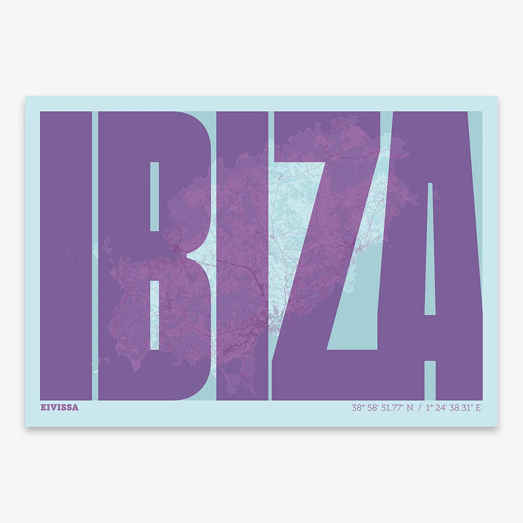 Decorative map of Ibiza and letters of its name in a giclée print designed in purple and light blue