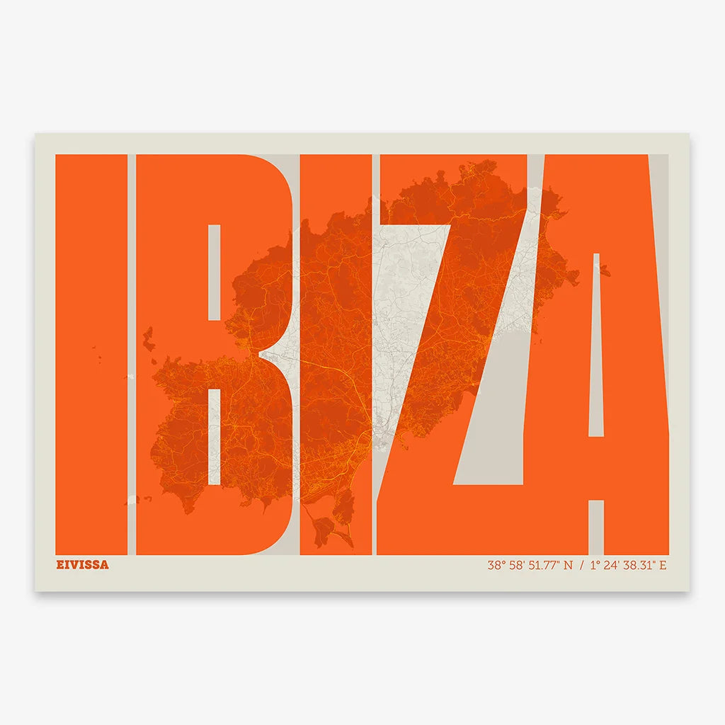 Decorative map of Ibiza and letters of its name in a giclée print designed in orange and an off-white background