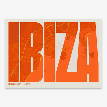 The map of Ibiza and letters of its name in a giclée print designed in orange and an off-white background