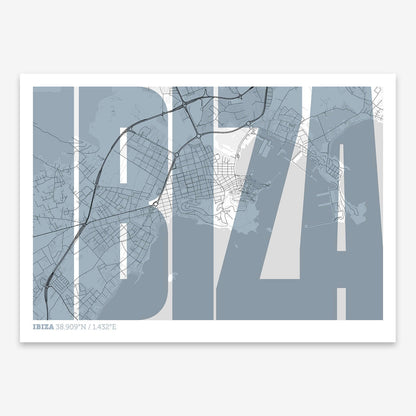 The map of Ibiza and letters of its name in a giclée print designed in black and white