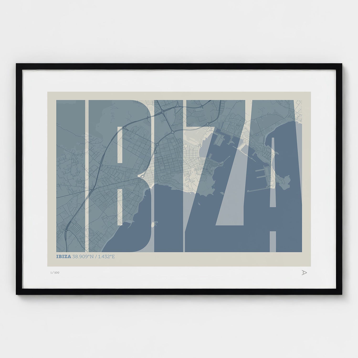 Lámina tipográfica de Ibiza – diseño Extra Comprimida, marco negro