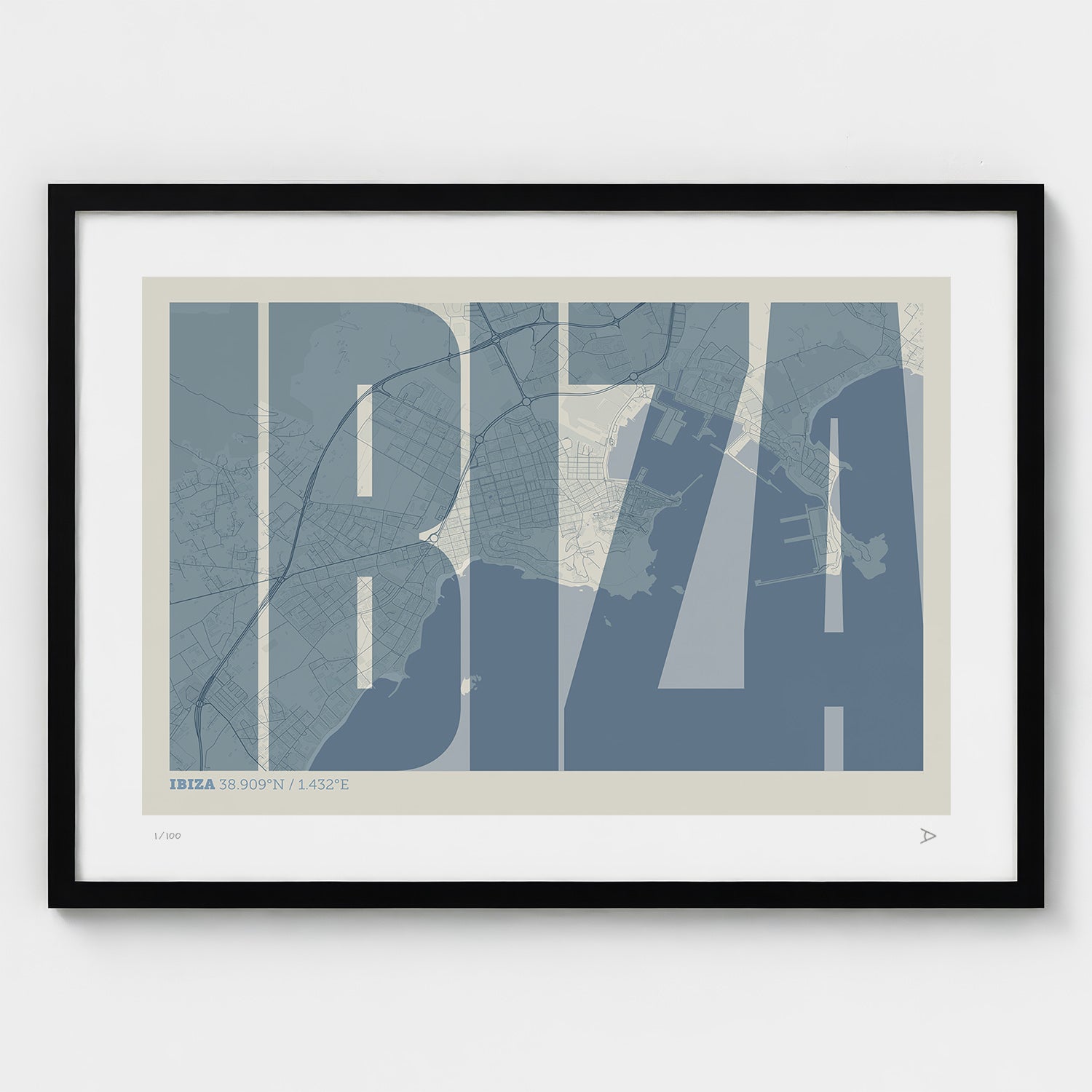 Lámina tipográfica de Ibiza – diseño Extra Comprimida, marco negro