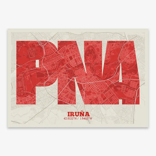 Mapa de Iruña en diseño la Súper Bold, un póster tipográfico donde el mapa de la ciudad se fusiona con una tipografía extra gruesa para un impacto visual moderno diseñado en rojo y fondo blanco roto