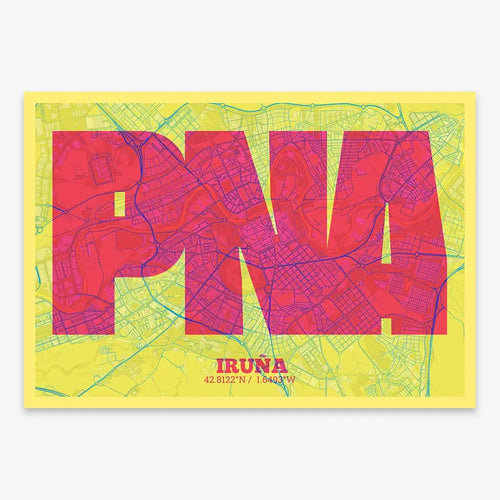 Mapa de Iruña en diseño la Súper Bold, un póster tipográfico donde el mapa de la ciudad se fusiona con una tipografía extra gruesa para un impacto visual moderno diseñado en amarillo y fucsia