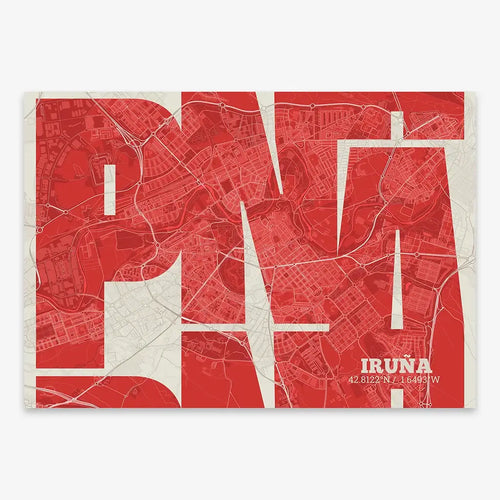 Mapa de Iruña en mi diseño la Inseparable, una visión artística con una tipografía expresiva que muestra la abreviatura del nombre sobre el mapa detallado diseñado en rojo y fondo blanco roto