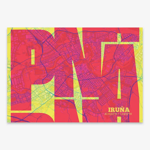 Mapa de Iruña en mi diseño la Inseparable, una visión artística con una tipografía expresiva que muestra la abreviatura del nombre sobre el mapa detallado diseñado en amarillo y fucsia