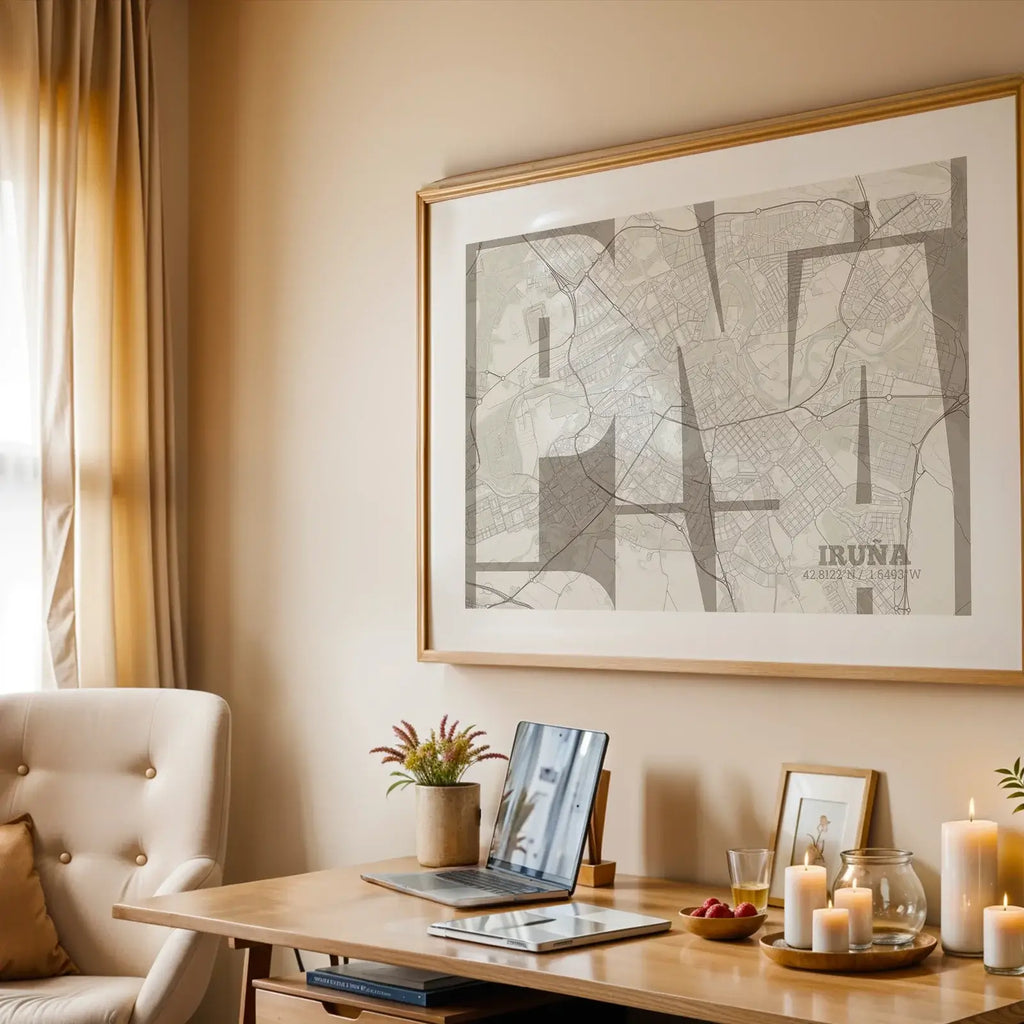 Modern interior design with a Iruña in Inseparable design, featuring the city's abbreviation in expressive typography over a detailed urban map designed in light brown and an off-white background, displayed on a living room wall