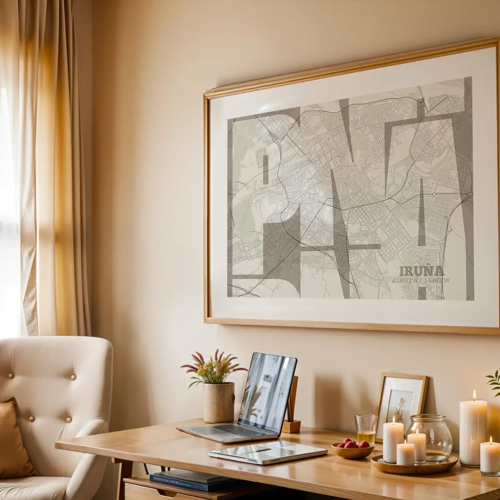 Póster artístico de Iruña con tipografía geométrica - Decoración personalizada