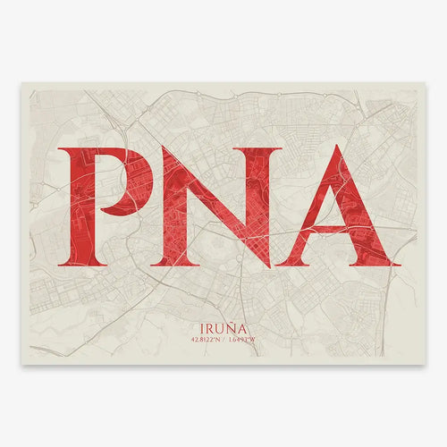 The map of Iruña in Classic design, inspired by chiseled typography with an elegant font that creates a beautiful visual contrast designed in red and an off-white background