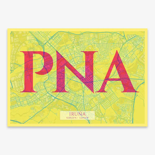 The map of Iruña in Classic design, inspired by chiseled typography with an elegant font that creates a beautiful visual contrast designed in yellow and fuchsia
