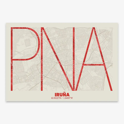 The map of Iruña in Ultralight design, a minimalist aesthetic combining urban cartography with modern, extra-thin elegant lettering designed in red and an off-white background
