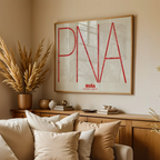 Modern interior design with a Iruña in Ultralight design, a minimalist aesthetic combining urban cartography with modern, extra-thin elegant lettering designed in red and an off-white background, displayed on a living room wall