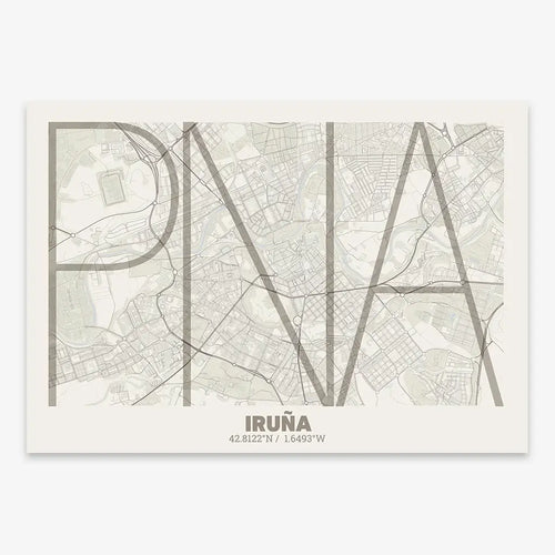 The map of Iruña in Ultralight design, a minimalist aesthetic combining urban cartography with modern, extra-thin elegant lettering designed in light brown and an off-white background