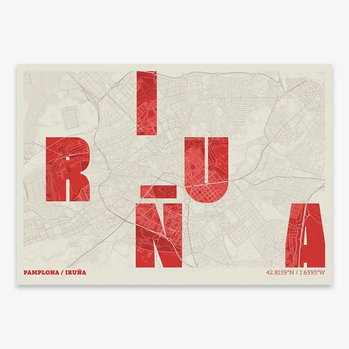 The map of Iruña in Unruled design, where the city name letters appear randomly across different lines for a truly original urban layout designed in red and an off-white background