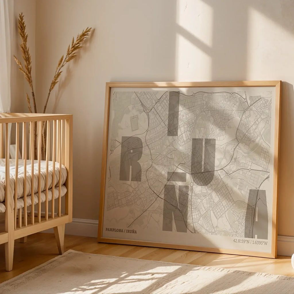 Modern interior design with a Iruña in Unruled design, where the city name letters appear randomly across different lines for a truly original urban layout designed in light brown and an off-white background, displayed on a living room wall