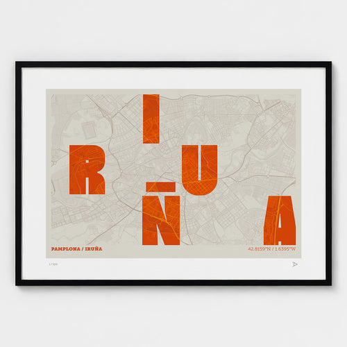 Lámina tipográfica de Iruña – diseño Revoltosa, marco negro