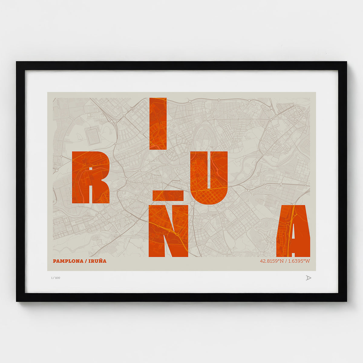 Lámina tipográfica de Iruña – diseño Revoltosa, marco negro