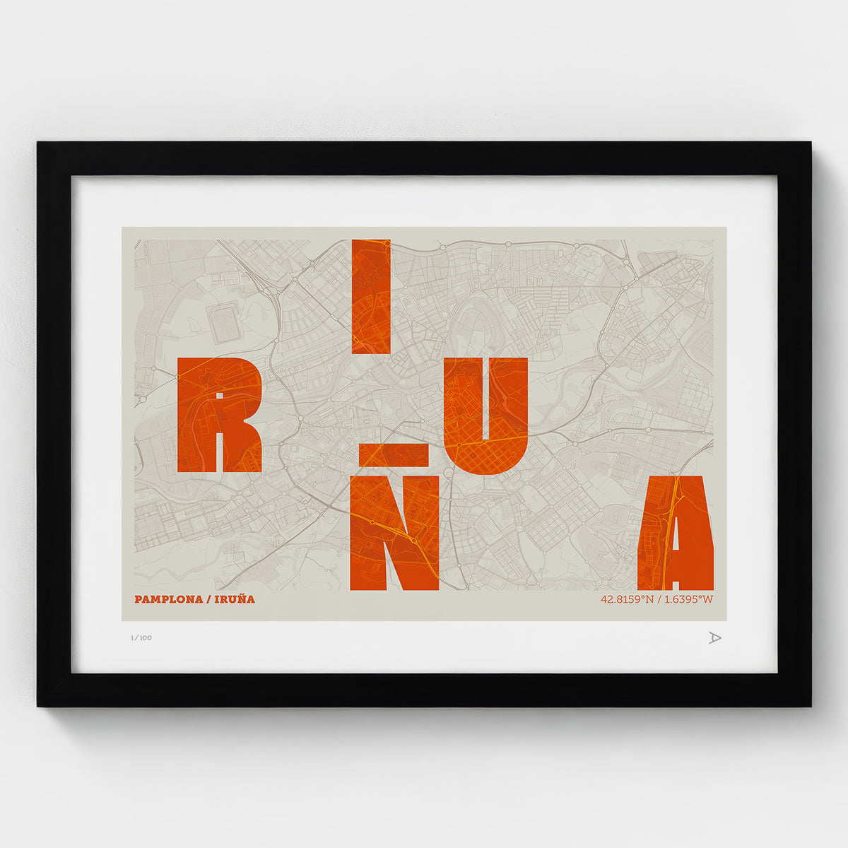 Lámina tipográfica de Iruña – diseño Revoltosa, marco negro
