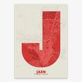 Decorative print of Jaen composed with letters in a heavy geometric font printed on red and an off-white background