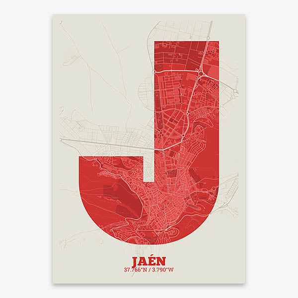 Decorative print of Jaen composed with letters in a heavy geometric font printed on red and an off-white background
