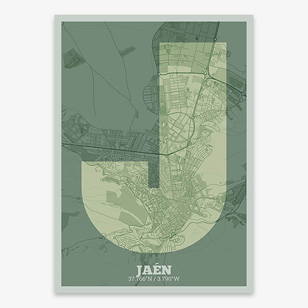 Decorative print of Jaen composed with letters in a heavy geometric font printed on two green tones