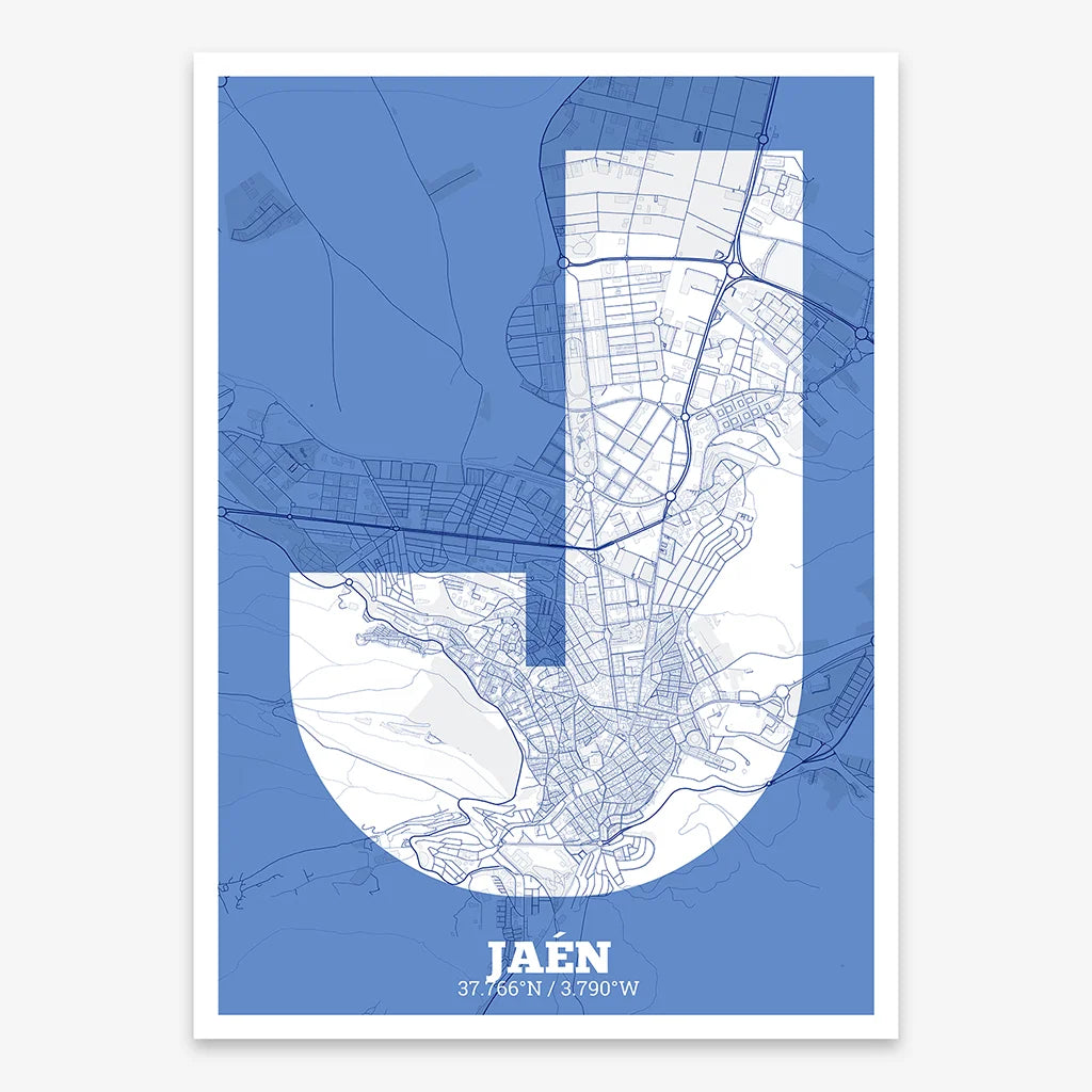 Decorative print of Jaen composed with letters in a heavy geometric font printed on navy blue and white