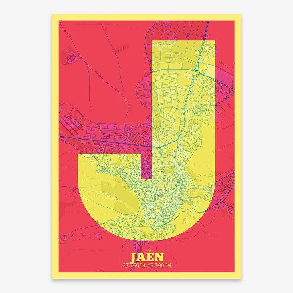 Decorative print of Jaen composed with letters in a heavy geometric font printed on yellow and fuchsia