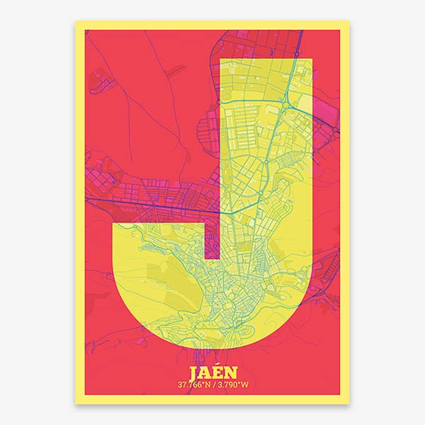 Decorative print of Jaen composed with letters in a heavy geometric font printed on yellow and fuchsia