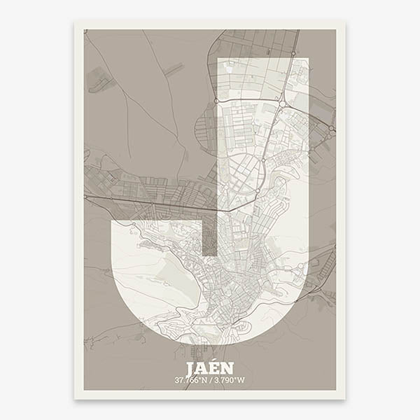 Decorative print of Jaen composed with letters in a heavy geometric font printed on light brown and an off-white background