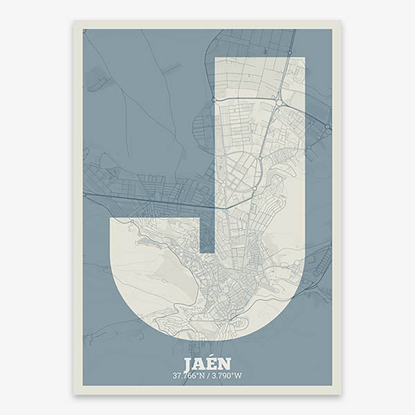 Decorative print of Jaen composed with letters in a heavy geometric font printed on bluish gray and an off-white background