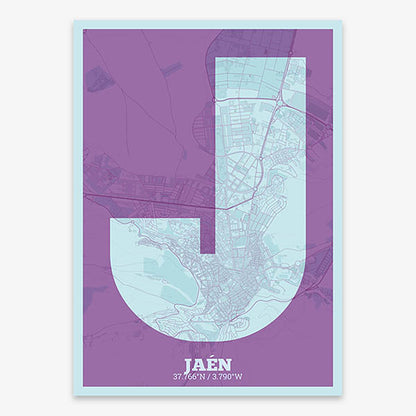 Decorative print of Jaen composed with letters in a heavy geometric font printed on purple and light blue