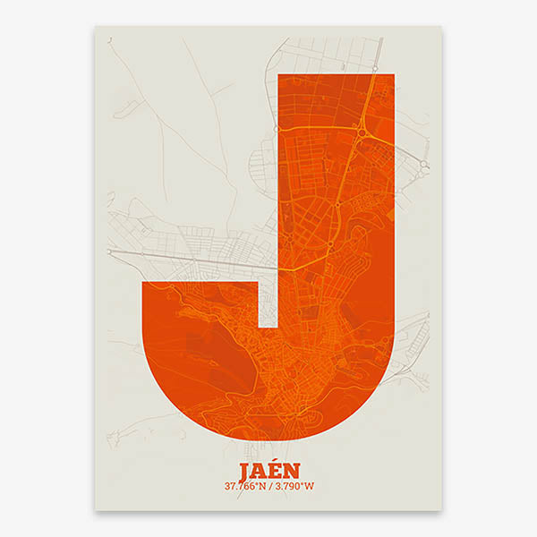 Decorative print of Jaen composed with letters in a heavy geometric font printed on orange and an off-white background