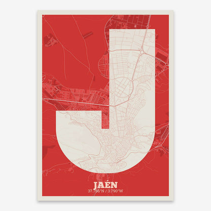 The map of Jaen composed with letters in a heavy geometric font printed on red and an off-white background