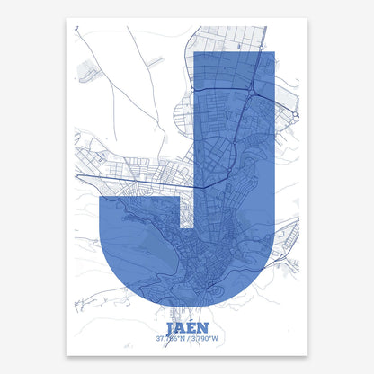 The map of Jaen composed with letters in a heavy geometric font printed on navy blue and white