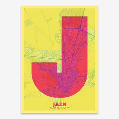 The map of Jaen composed with letters in a heavy geometric font printed on yellow and fuchsia